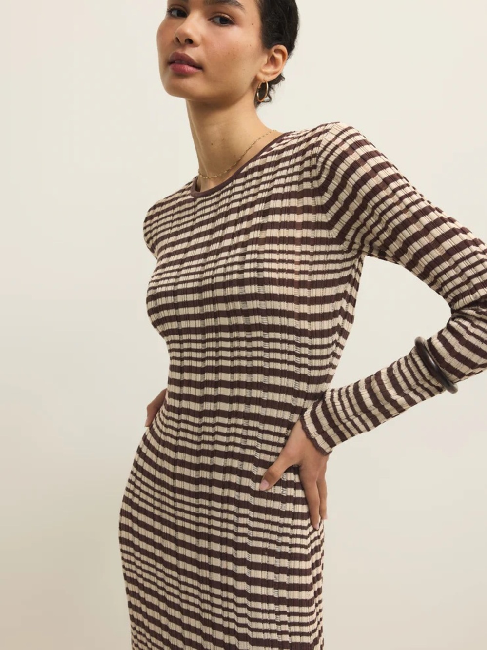 Ribbed Long Sleeve Striped Knit Dress in Brown and Cream